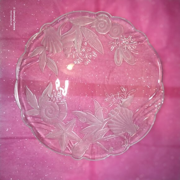 Vintage 15" Scalloped Frosted Etched Crystal Sea Marine Life Serving Platter - Picture 2 of 4